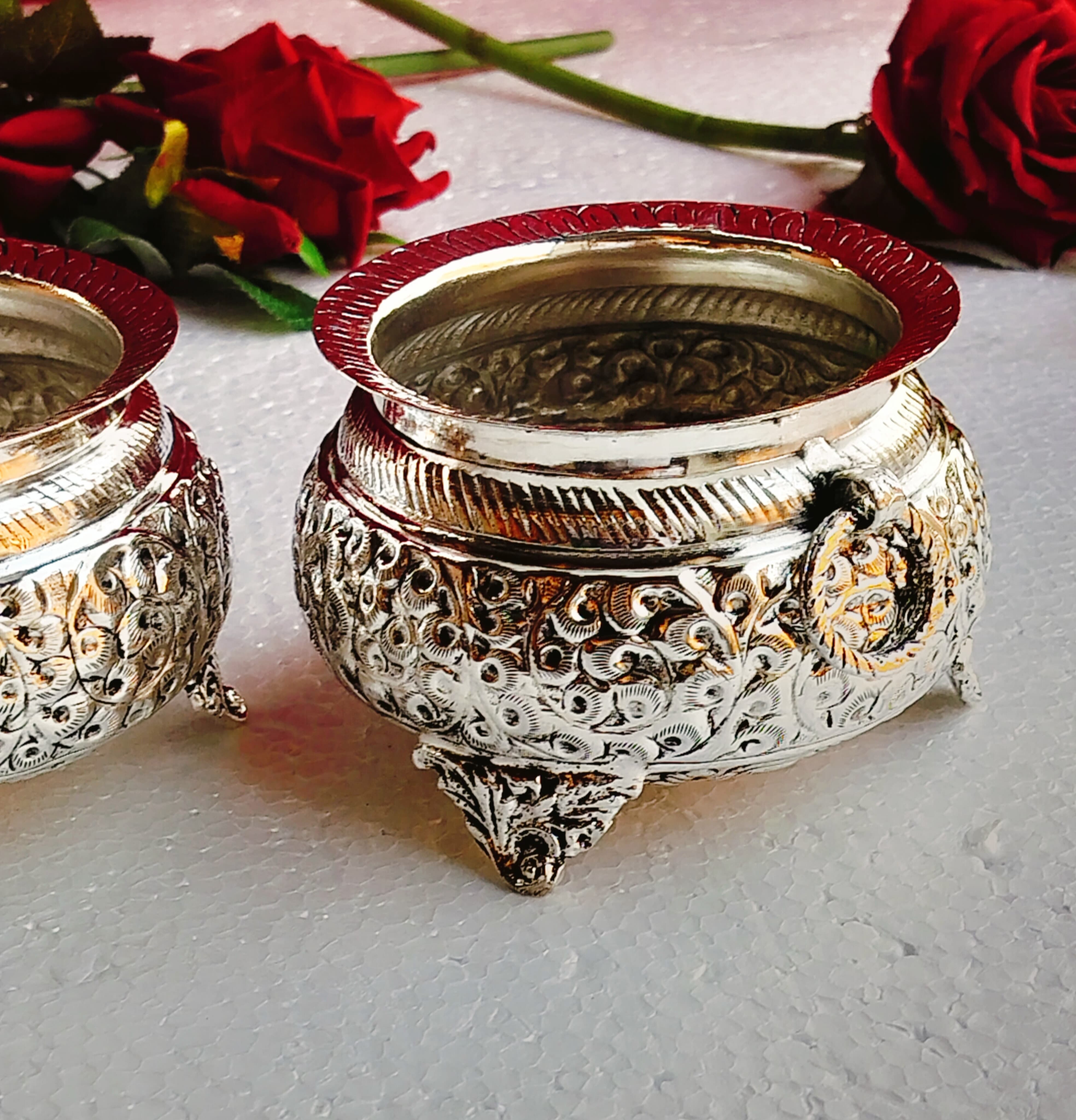 German silver set of 2 antique finish new mini urli bowl with both side kada/rings